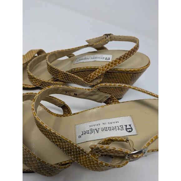 Etienne Aigner Charm Snakeskin Embossed Leather Wedges Gold Tan Sandals 9.5M - Picture 4 of 8